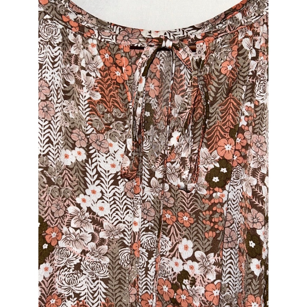 La Mode Womens Floral Print Tie Neck Short Sleeve Blouse‎ Top Brown Pink White